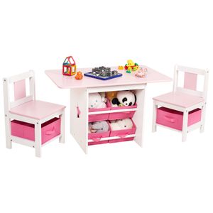 Yorbay Kindertisch mit 2 Stühle, Kindertisch mit Stauraum , 3tlg Kindersitzgruppe, Sitzgruppe für Kinder, Maltisch für Kinderzimmer Rosa + Weiß