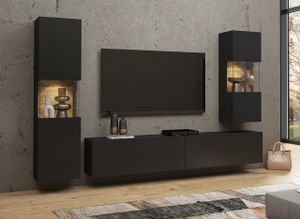 Wohnzimmer - Set Wohnwand Anbauwand AVA 10 eiche wotan / schwarz hängend / stehend mit Vitrine und TV- Lowboard