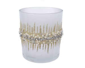 Teelichthalter Glas mit Glitzer und Perlen 8 cm weiß / gold