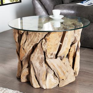 riess-ambiente Handgearbeiteter Couchtisch RIVERSIDE 60cm Teakholz runde Glasplatte Massivholz Beistelltisch Tisch