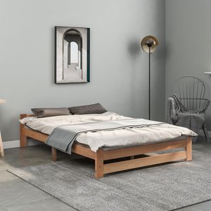 okwish Holzbettgestell mit Kopfteil und Lattenrost, Futonbett Doppelbett 140 x 200 cm, klassisches Bett in Naturfarbe