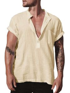 Herren Hemden Kurzarm Shirts Baumwolle Leinenhemd Casual T-Shirt Regular Fit Tee Gelb,Größe XXL