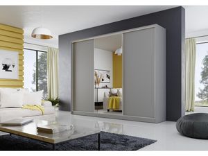 Easy Furniture Kleiderschrank mit Spiegel 270 cm Schwebetürenschrank Schrank Garderobe Schlafzimmer- Wohnzimmerschrank ; 4 Schubladen & 2 Kleiderstangen: Farbe: Grau Matt