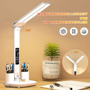 LED Schreibtischlampe Dimmbar Tischlampe Wecker Thermometer Uhr Leselamp mit USB & Stifthalter