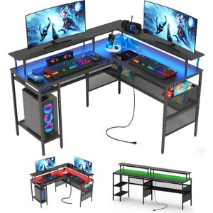 WASAGUN Schreibtisch Eckschreibtisch, L-förmiger Computertisch mit LED-Licht, Steckdose und Monitorständer, Schwarz