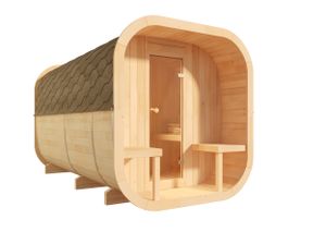 FinnTherm Fasssauna aus Holz ScandiCube Outdoor-Sauna mit Vorraum und Terrasse - Deluxe 204 x 400 cm - naturbelassen