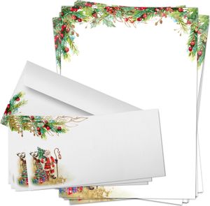 25 x Weihnachtspapier mit Umschlag Set - Motiv Klassisch mit Weihnachtsmann - Papier DIN A4 Weihnachten beidseitig, Kuvert DIN LANG