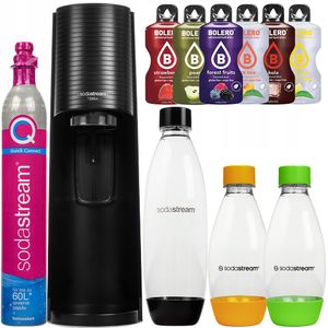 SodaStream Wassersprudler Terra Black + 1 Schwarze 1L  Flasche  + 2 Grüne/Orange 0.5 L Flaschen + Bolero