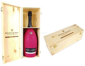 Scavi & Ray Prosecco Spumante Magnum 3l (11% Vol) Bling Bling Glitzerflasche hot pink + Holzbox Holzkiste -[Enthält Sulfite]