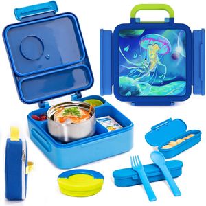 Kinder-Lunchbox mit Fächern, Essenswärmer-Box, BPA-freie, auslaufsichere Lunchbox, Schul-Lunchbox (mit Besteck und Snackbox und Tasche) Lila