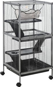 PawHut 4-stöckiger Kleintierkäfig, Haustier-Laufstall mit Rädern, 2 Türen, 3 Rampen, hängende Hängematte und abnehmbares Tablett für Meerschweinchen, 52 x 52 x 113,5 cm, Silbergrau