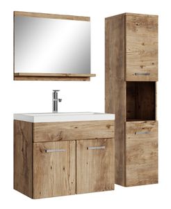 Badezimmer Badmöbel Set Montreal 60cm Waschbecken Eiche Kastanie - Unterschrank Hochschrank Waschtisch Möbel