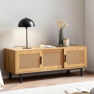 WOHNLING Lowboard Eiche-Dekor mit Wiener Geflecht 120x45,5x40 cm TV-Kommode Zeitlos mit Schiebe-Türen, Design TV-Schrank Hoch, Fernsehtisch Fernsehschrank, Fernsehkommode Wohnzimmer Rattan