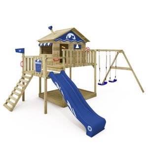 WICKEY Hrací věž s prolézačkou Smart Coast s houpačkou a skluzavkou, domečkem na chůdách s pískovištěm, lezeckým žebříkem a hracími doplňky - modrá