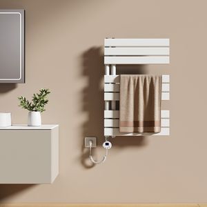 EMKE Handtuchtrockner Elektrisch Asymmetrie Badheizkörper mit Timing Thermostat Handtuchwärmer 762 x 500mm Weiß Handtuchhalter Heizkörper mit 400W Heizstab