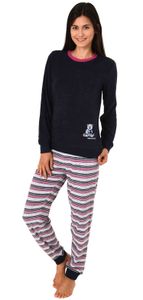 Damen Frottee Pyjama Schlafanzug langarm mit Bündchen und süsser Bär-Applikation 20113777