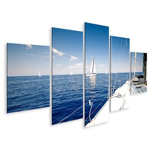 Bild auf Leinwand Segelschiff Yacht Mit Weißen Segeln Auf Offenem Meer Luxusboot Wandbild Poster Kunstdruck Bilder 170x80cm 5-teilig