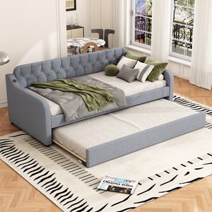 Flieks Schlafsofa 90x200cm mit USB, Polsterbett mit Ausziehbett, Tagesbett Gästebett mit Lattenrost, Einzelbett Holzbett, Leinen, Grau