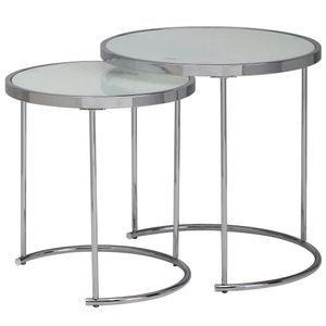 WOHNLING Design Beistelltisch Rund Ø 50/42 cm - 2 teilig Weiß Silber mit Glasplatte | Wohnzimmertisch 2er Set | Satztisch Milchglas | Couchtisch