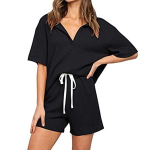 Frauen Halbarm Einfarbig Zweiteiler V-Ausschnitt Kordelzug Outfit T-Shirt Shorts Set für Lounge Schwarz XL