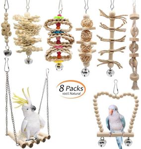 8 Packungen Vogelspielzeug, Vogelkäfig-Schaukel für Vögel und Papageien, Vogelkäfig-Spielzeuge - Natürliches Holz zum Aufhängen, für kleine Sittiche, Nymphensittiche, Sittiche
