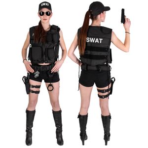 Black Snake® Damen Kostüm SWAT POLICE FBI SECURITY TASK FORCE DEA NYPD SHERIFF | Einsatzweste, Gürtel, Beinholster, Cap, Handschellen - SWAT - XS/S