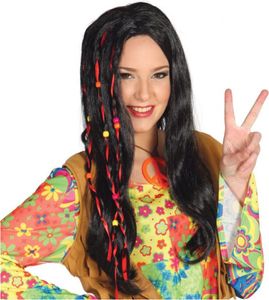 Hippie Frisur 60er Jahre Langhaar Karneval 70er Party Perücke Schwarz Retro Look Festival Boho Kostüm Accessoire Vintage Style, Farbe: Schwarz