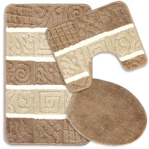 Badteppich Set 3-tlg. Zirkon - Badezimmer Teppich Rutschfest & Weich - Badteppich, Badvorleger - Badematten Set Braun/Beige 50x80 cm