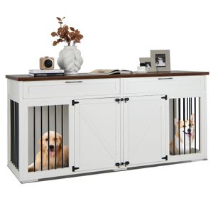 COSTWAY 3in1 Hundekäfig mit 2 Türen, 2 Schubladen und Trennwand, Hundebox Beistelltisch Weiß