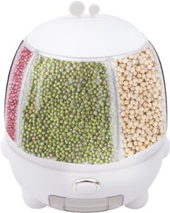 5 Gitter Getreidespender Reisspender Müslibehälter  Lebensmittelspender Küche Aufbewahrungsbehälter mit 360° Drehbarer Basis Weiß 10kg Kapazität