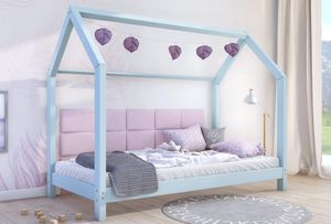 NALA Kinderbett Hausbett Holzbett 70x140 Blau 100% Kieferholz ohne Schutzgitter Beinhöhe 10 cm