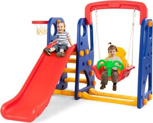 GOPLUS 3-in-1 Kinder Spielplatz, Kinderrutsche Schaukel und Basketballkorb, HDPE, mit Haltegriffen, Leiter, für Baby & Kleinkinder, für Indoor & Outdoor