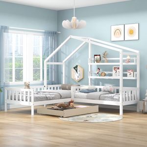 Merax Kinderbett 90x200cm/140x70cm mit Rausfallschutz, Schubladen und Regalen, L-Struktur Hausbett Kiefernholzbett für 2 Kinder