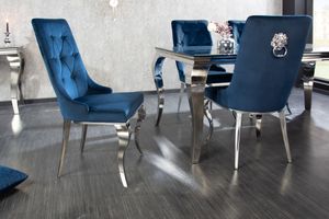 Eleganter Stuhl MODERN BAROCK royalblau Samt mit silbernem Löwenkopf