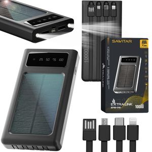 Powerbank Solar 10000mAh Solární panel 1W Solární nabíječka 4 kabely pro různé typy zástrček USB-C Micro-USB LED svítilna Lithium-polymerová baterie S