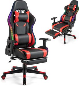 COSTWAY Gaming Stuhl mit RGB-LED-Leuchten und einziehbarer Fußstütze, ergonomischer Bürostuhl mit Verstellbarer Rückenlehne, Armlehne, Lordosenstütze, Computerstuhl, Drehstuhl bis 160 kg belastbar