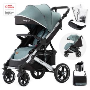 Daliya® Rapidy Buggy / Kinderwagen 0-36 Monate / Sportwagen mit Liegeposition / Wickeltasche, Winterfußsack, Ess- & Spieltisch und mehr Linen Grün – Silber