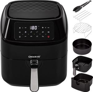 ONVAYA® Heißluftfritteuse | Airfryer XXL | Fritteuse ohne Öl & Fett | für 5-6 Personen | mit LED-Display | 10 Programme | 1700 W | inkl. Backform & Grillrost mit Spießen