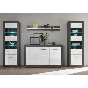 Wohnwand mit Sideboard und Standvitrinen ETON-61 in Betonoptik dunkel & Hochglanz weiß B/H/T: 314/198/35-42cm