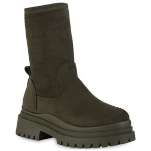 VAN HILL Damen Stiefeletten Plateau Boots Stiefel Profil-Sohle Schuhe 839454, Farbe: Olivgrün Velours, Größe: 39