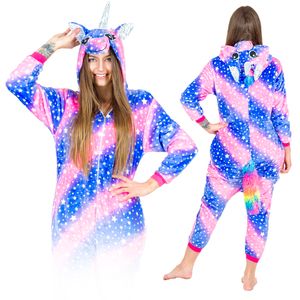 Jumpsuit Onesie für Damen und Herren - Sanft Kuschelig Uni Pyjama - Warme Schlafanzug - Karneval Kostüm - Karnevalskostüm- Größe 148-160 cm S - Violett-rosa Einhorn