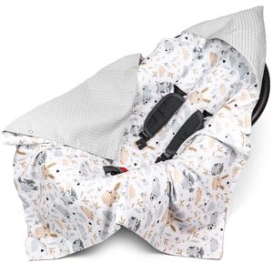 Einschlagdecke Babyschale Babydecke Kinderwagen Decke für Sommer Frühling Fußsack 90x90cm Grau Waffelpiqué und Baumwolle mit Eulen Motiv