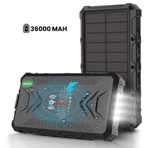 Homèlle solar Powerbank 36.000mAh - iPhone & Samsung - USB C - 2x USB - Micro USB - Drahtloses Ladegerät - Schwarz