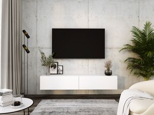 Hängendes TV-Schrank - Modernes Design mit Push-to-Open-Funktion. A: B: 170 cm, H: 34 cm, T: 32 cm. TV Lowboard, TV Board, TV Sideboard Hängend, WEISS MATT