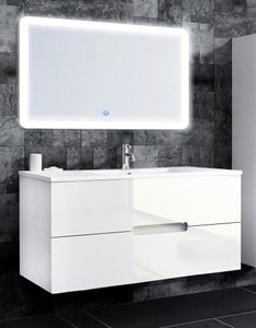 OIMEX Badmöbel Set TIANA 120cm Weiß Hochglanz, Waschtisch mit Keramikwaschbecken, 2 Softclose-Schubladen, LED Spiegel mit Touch, auf Wunsch mit Seitenschrank