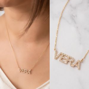Pave-Diamant-Namenskette, Diamant-Cz-Buchstaben-Wort-Halskette, personalisiertes Namensgeschenk für Frauen, personalisiertes Diamant-Namensschild