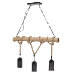 Pendelleuchte HWC-H82, Hängelampe Hängeleuchte, Industrial Vintage Bambus Seil Metall schwarz  3x Rohrlampenschirm