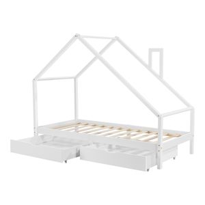 Kinderbett 'Assling' 90x200cm mit 2 Schubkasten Haus Holz Bett Jugendbett Hausbett für Kinder Weiß [en.casa]
