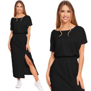 Moraj dámské letní šaty maxi šaty ležérní s krátkým rukávem a rozparkem 100% bavlna 3100-001, Barva: černá, Velikost: 2XL