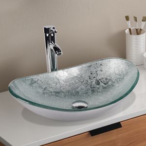 Puluomis Waschbecken Glas Aufsatzwaschbecken Waschschale Oval mit Wasserhahn Ablaufgarnitur Silber